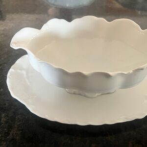 Elegant White Havilland China Twig Finial Gravy Boat with attached Saucer